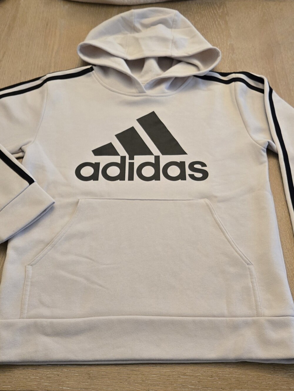 Adidas Boys Cream Hoodie with Black Logo & Stripes